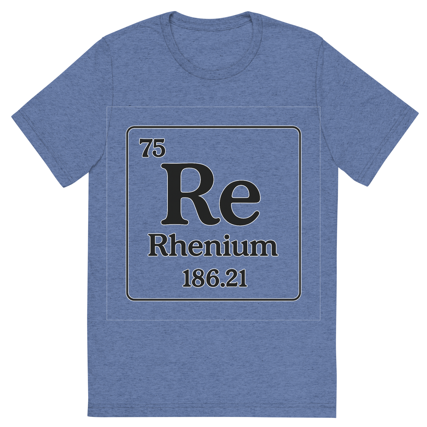 Front view of a Premium Tri-Blend Crew Neck T-Shirt in Blue showing 'A line art, nostalgic graphic of rhenium's entry on the periodic table, use a dark color for the lines and text'