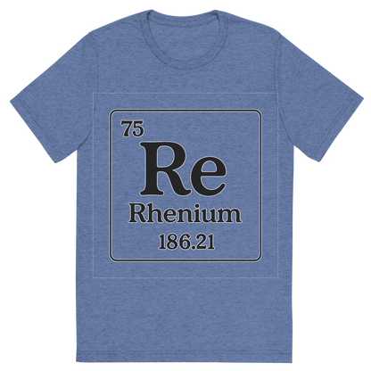 Front view of a Premium Tri-Blend Crew Neck T-Shirt in Blue showing 'A line art, nostalgic graphic of rhenium's entry on the periodic table, use a dark color for the lines and text'