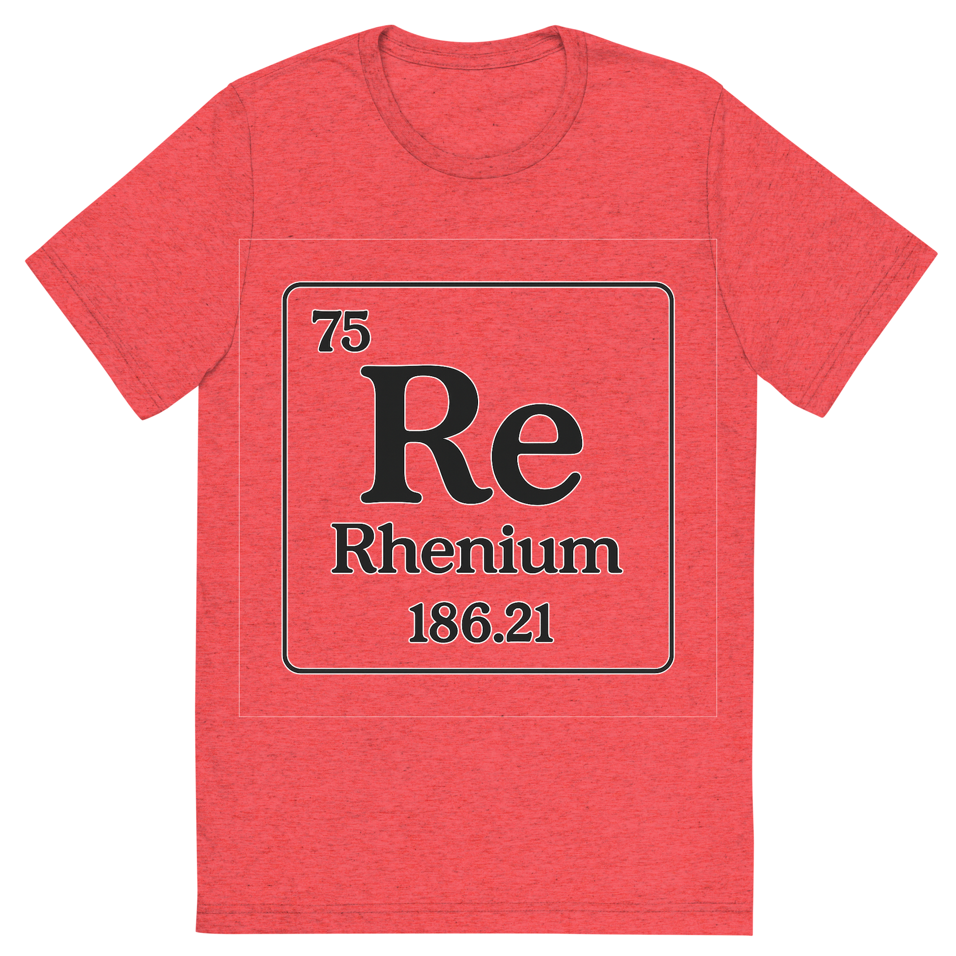 Front view of a Premium Tri-Blend Crew Neck T-Shirt in Red showing 'A line art, nostalgic graphic of rhenium's entry on the periodic table, use a dark color for the lines and text'