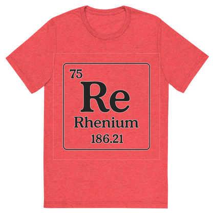 Front view of a Premium Tri-Blend Crew Neck T-Shirt in Red showing 'A line art, nostalgic graphic of rhenium's entry on the periodic table, use a dark color for the lines and text'