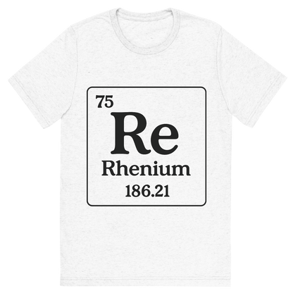 Front view of a Premium Tri-Blend Crew Neck T-Shirt in Solid White showing 'A line art, nostalgic graphic of rhenium's entry on the periodic table, use a dark color for the lines and text'