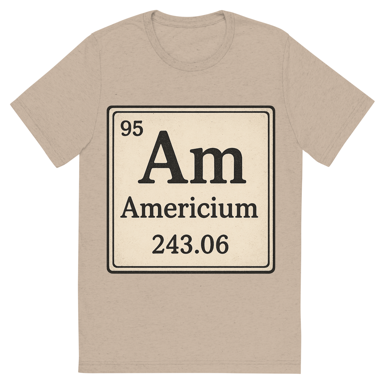 Front view of a Premium Tri-Blend Crew Neck T-Shirt in Tan showing 'A line art, nostalgic graphic of americium's entry on the periodic table, use a dark color for the lines and text'