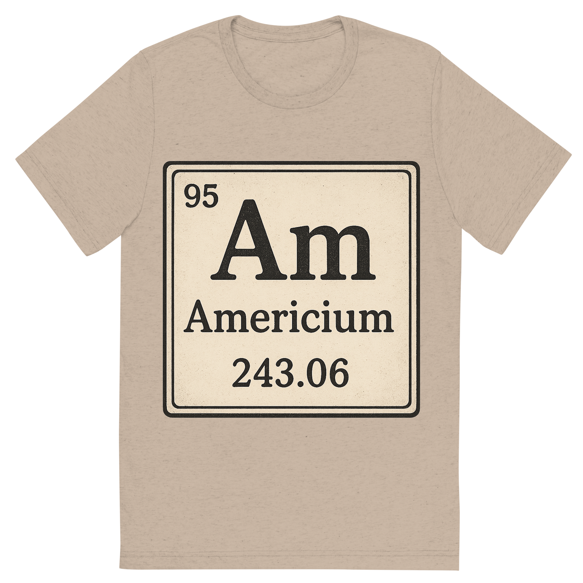 Front view of a Premium Tri-Blend Crew Neck T-Shirt in Tan showing 'A line art, nostalgic graphic of americium's entry on the periodic table, use a dark color for the lines and text'