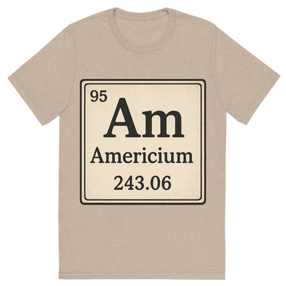 Front view of a Premium Tri-Blend Crew Neck T-Shirt in Tan showing 'A line art, nostalgic graphic of americium's entry on the periodic table, use a dark color for the lines and text'
