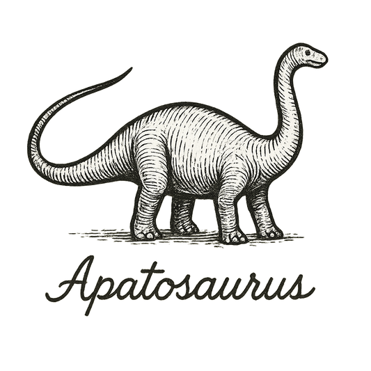 A flat, neutral graphic of a hand-drawn apatosaurus with its long tail and thick body. “apatosaurus” is written in flowing cursive below. ink illustration on a white background. - a t-shirt design