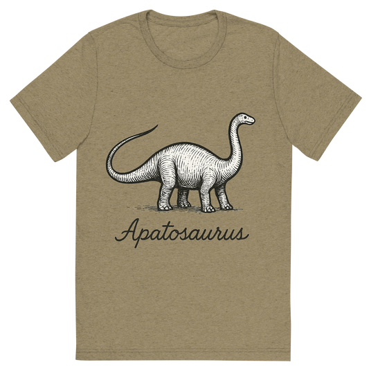 Front view of a Premium Tri-Blend Crew Neck T-Shirt in Olive showing 'A flat, neutral graphic of a hand-drawn apatosaurus with its long tail and thick body. “apatosaurus” is written in flowing cursive below. ink illustration on a white background.'