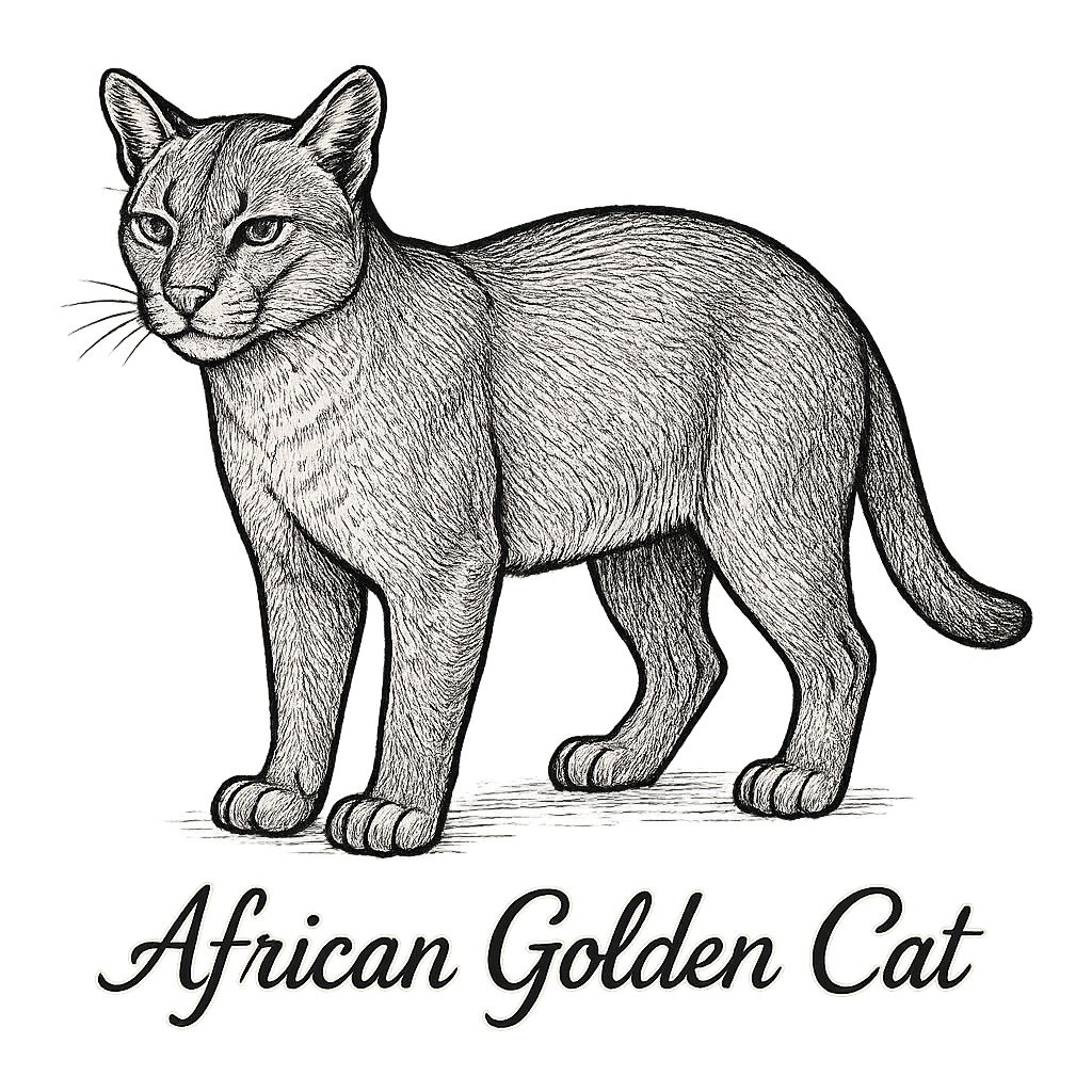 A flat, neutral graphic of a sketch of the african golden cat with smooth coat and short tail. “african golden cat” is written below in elegant script. detailed ink illustration on a white background. - a t-shirt design