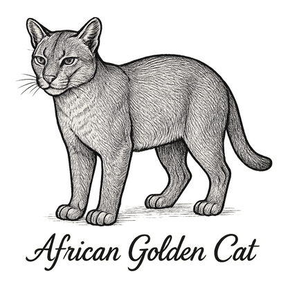 A flat, neutral graphic of a sketch of the african golden cat with smooth coat and short tail. “african golden cat” is written below in elegant script. detailed ink illustration on a white background. - a t-shirt design