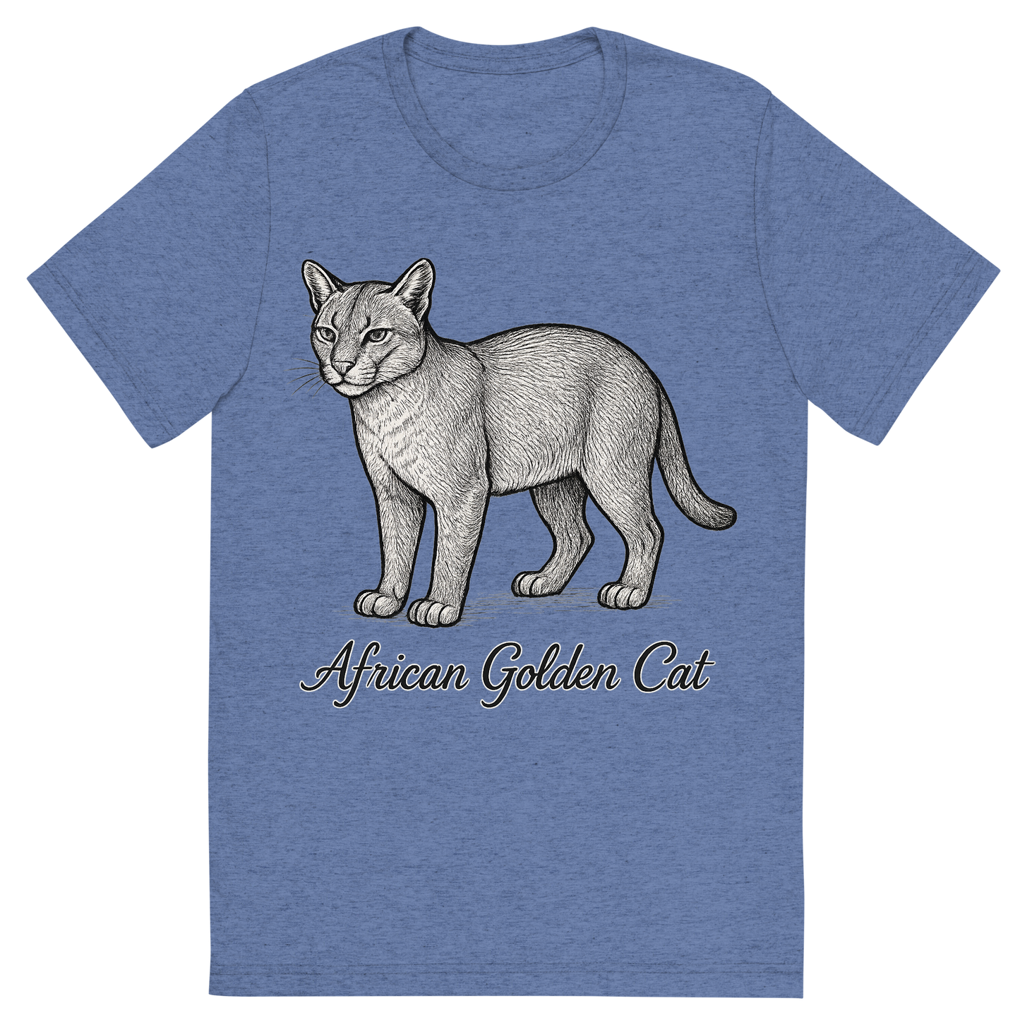 Front view of a Premium Tri-Blend Crew Neck T-Shirt in Blue showing 'A flat, neutral graphic of a sketch of the african golden cat with smooth coat and short tail. “african golden cat” is written below in elegant script. detailed ink illustration on a white background.'