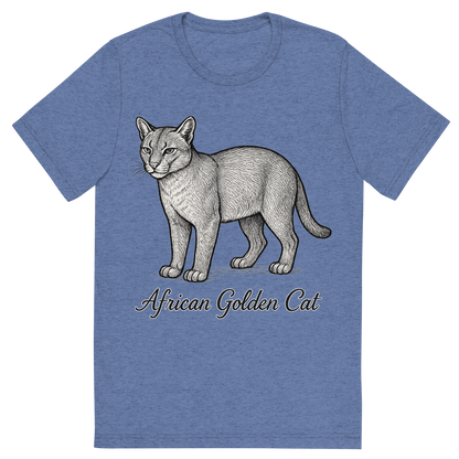 Front view of a Premium Tri-Blend Crew Neck T-Shirt in Blue showing 'A flat, neutral graphic of a sketch of the african golden cat with smooth coat and short tail. “african golden cat” is written below in elegant script. detailed ink illustration on a white background.'