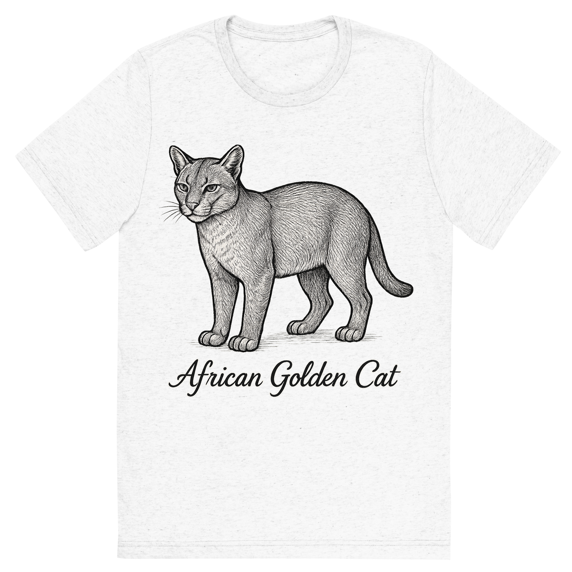 Front view of a Premium Tri-Blend Crew Neck T-Shirt in Solid White showing 'A flat, neutral graphic of a sketch of the african golden cat with smooth coat and short tail. “african golden cat” is written below in elegant script. detailed ink illustration on a white background.'