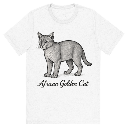 Front view of a Premium Tri-Blend Crew Neck T-Shirt in Solid White showing 'A flat, neutral graphic of a sketch of the african golden cat with smooth coat and short tail. “african golden cat” is written below in elegant script. detailed ink illustration on a white background.'
