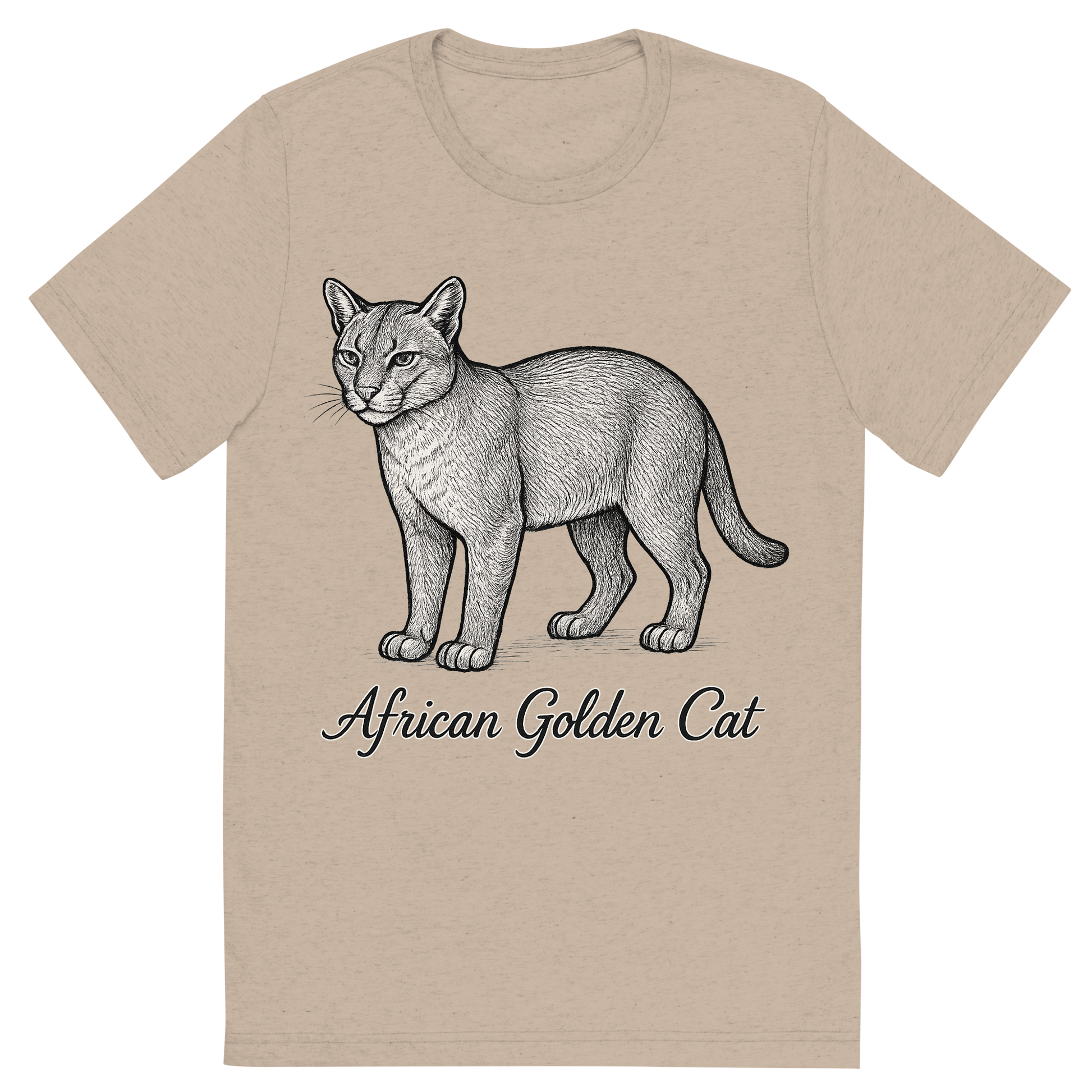 Front view of a Premium Tri-Blend Crew Neck T-Shirt in Tan showing 'A flat, neutral graphic of a sketch of the african golden cat with smooth coat and short tail. “african golden cat” is written below in elegant script. detailed ink illustration on a white background.'