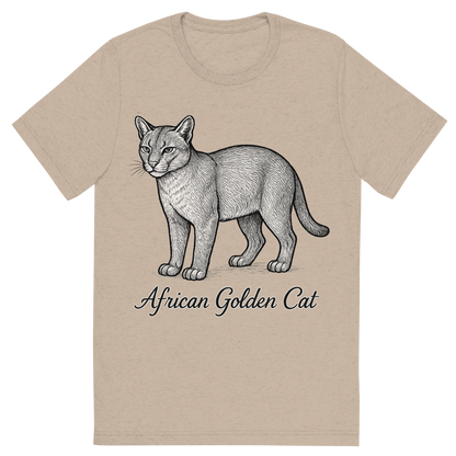 Front view of a Premium Tri-Blend Crew Neck T-Shirt in Tan showing 'A flat, neutral graphic of a sketch of the african golden cat with smooth coat and short tail. “african golden cat” is written below in elegant script. detailed ink illustration on a white background.'