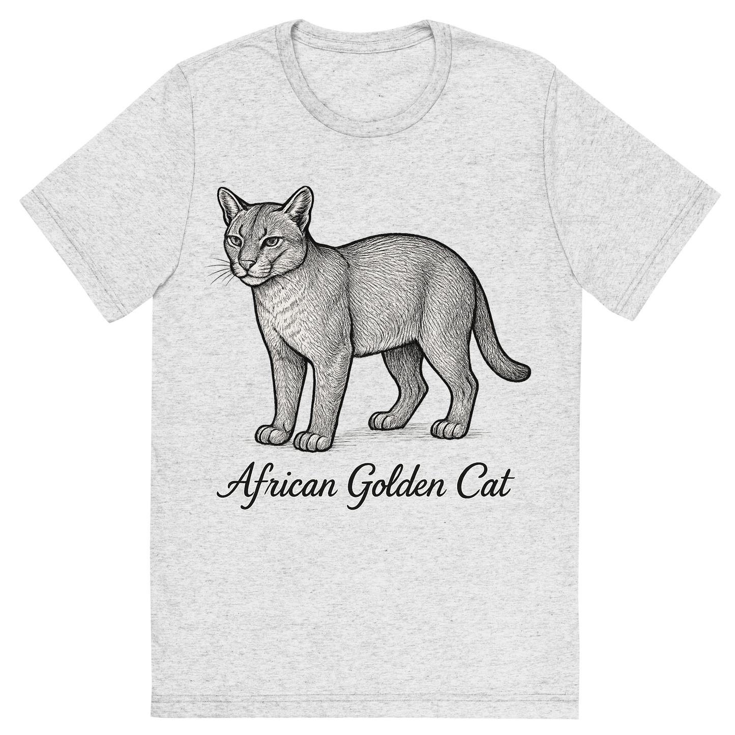 Front view of a Premium Tri-Blend Crew Neck T-Shirt in White Fleck showing 'A flat, neutral graphic of a sketch of the african golden cat with smooth coat and short tail. “african golden cat” is written below in elegant script. detailed ink illustration on a white background.'