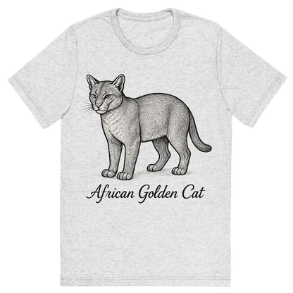 Front view of a Premium Tri-Blend Crew Neck T-Shirt in White Fleck showing 'A flat, neutral graphic of a sketch of the african golden cat with smooth coat and short tail. “african golden cat” is written below in elegant script. detailed ink illustration on a white background.'
