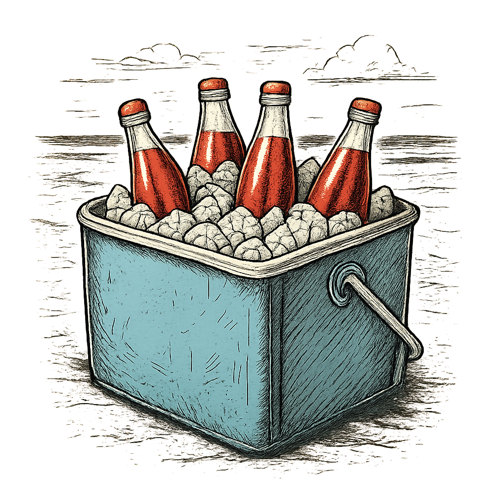 A hand-drawn ink with pops of color, cool graphic of a retro metal cooler filled with ice and glass soda bottles, sitting on the beach, hand-drawn ink with pops of color, centered composition, transparent background, optimized for dtg printing - a t-shirt design