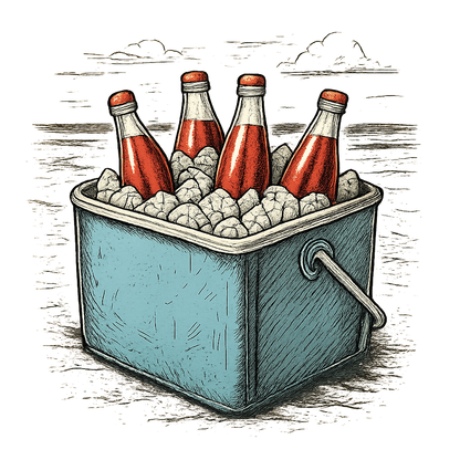 A hand-drawn ink with pops of color, cool graphic of a retro metal cooler filled with ice and glass soda bottles, sitting on the beach, hand-drawn ink with pops of color, centered composition, transparent background, optimized for dtg printing - a t-shirt design