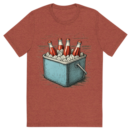 Front view of a Premium Tri-Blend Crew Neck T-Shirt in Clay showing 'A hand-drawn ink with pops of color, cool graphic of a retro metal cooler filled with ice and glass soda bottles, sitting on the beach, hand-drawn ink with pops of color, centered composition, transparent background, optimized for dtg printing'