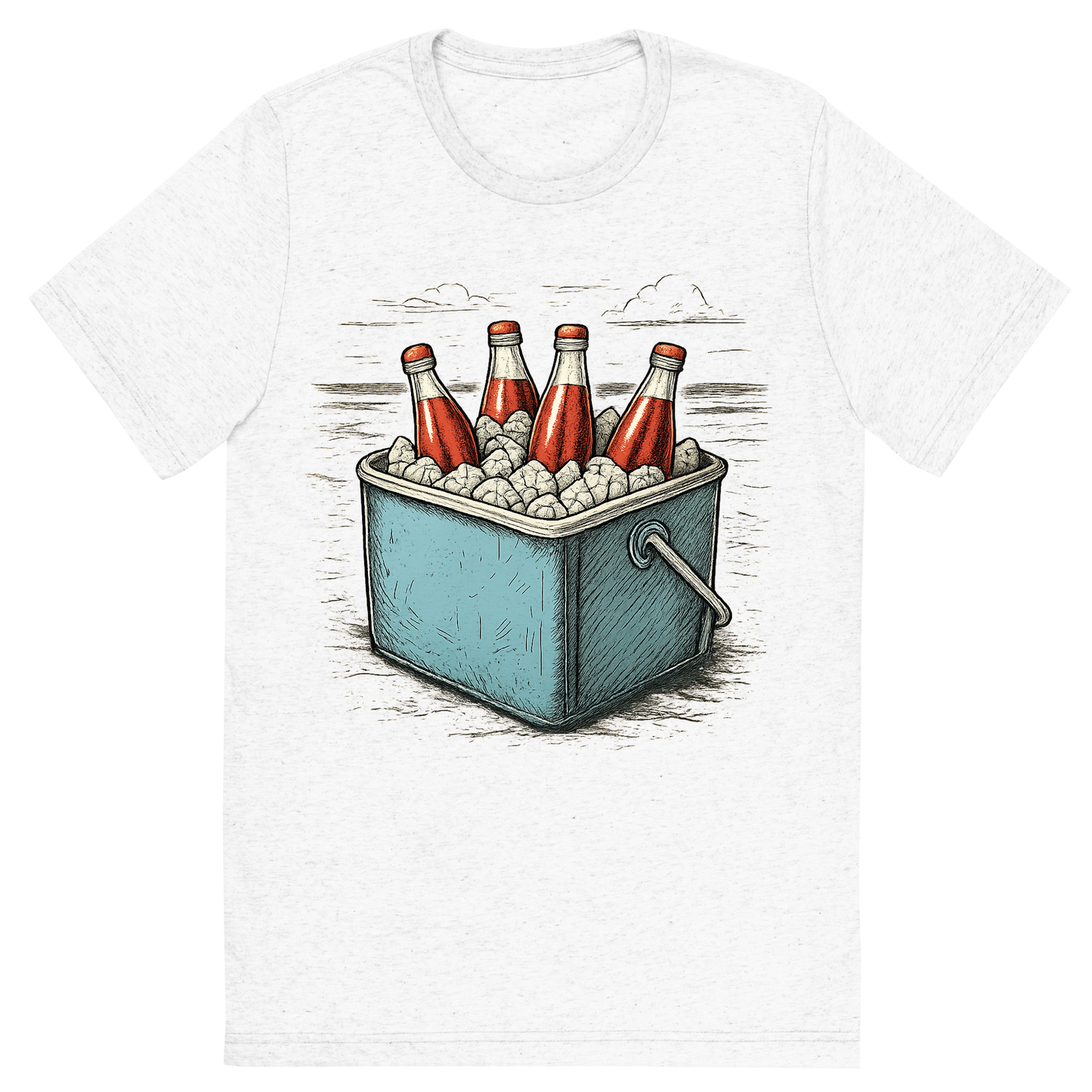 Front view of a Premium Tri-Blend Crew Neck T-Shirt in Solid White showing 'A hand-drawn ink with pops of color, cool graphic of a retro metal cooler filled with ice and glass soda bottles, sitting on the beach, hand-drawn ink with pops of color, centered composition, transparent background, optimized for dtg printing'