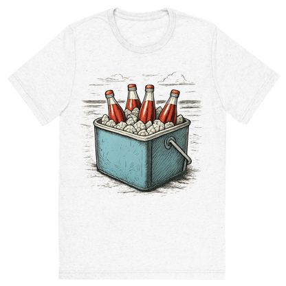 Front view of a Premium Tri-Blend Crew Neck T-Shirt in Solid White showing 'A hand-drawn ink with pops of color, cool graphic of a retro metal cooler filled with ice and glass soda bottles, sitting on the beach, hand-drawn ink with pops of color, centered composition, transparent background, optimized for dtg printing'