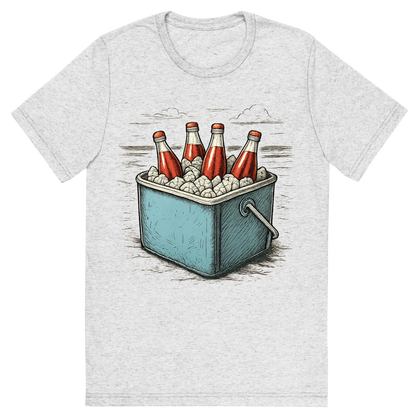 Front view of a Premium Tri-Blend Crew Neck T-Shirt in White Fleck showing 'A hand-drawn ink with pops of color, cool graphic of a retro metal cooler filled with ice and glass soda bottles, sitting on the beach, hand-drawn ink with pops of color, centered composition, transparent background, optimized for dtg printing'