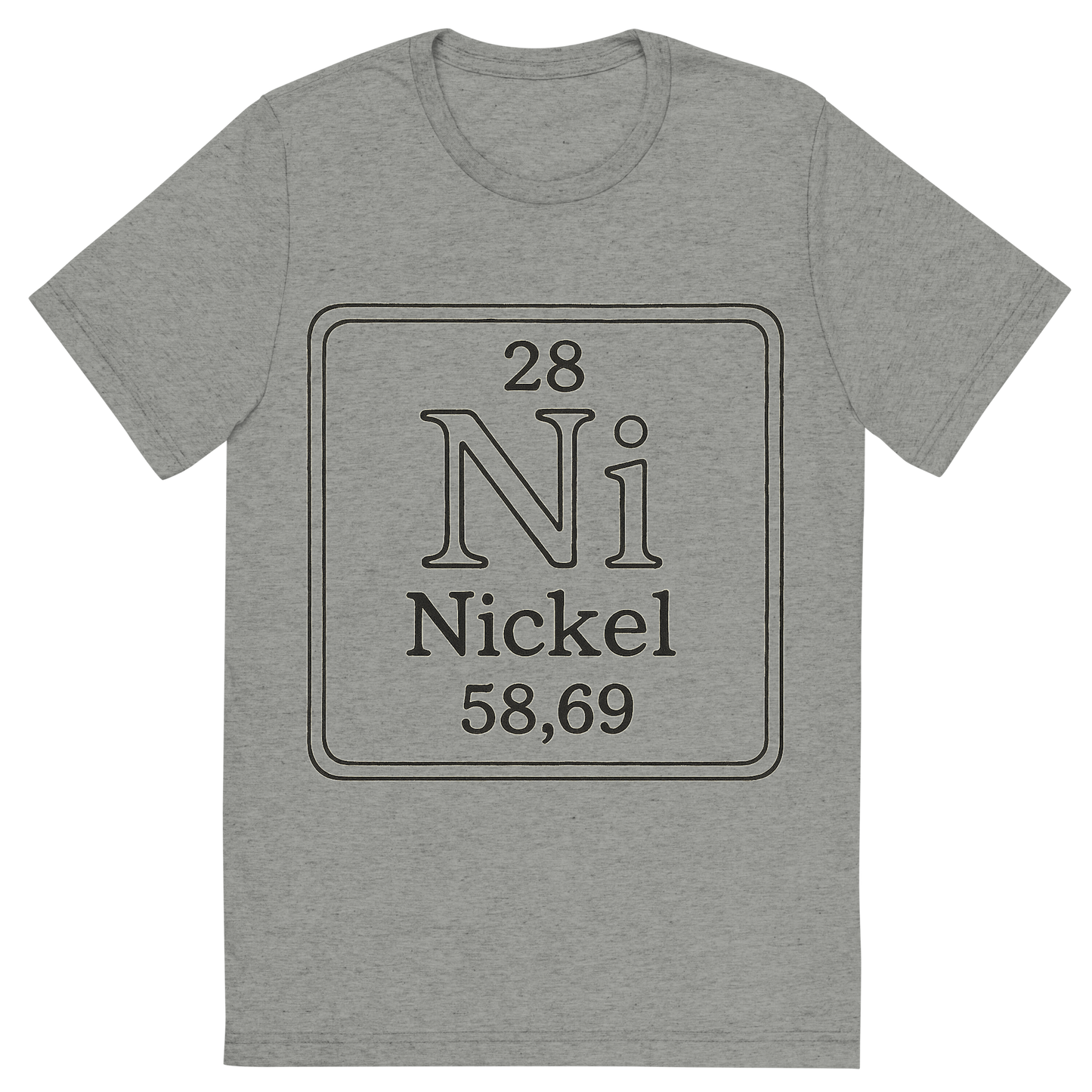 Front view of a Premium Tri-Blend Crew Neck T-Shirt in Athletic Grey showing 'A line art, nostalgic graphic of nickel's entry on the periodic table, use a dark color for the lines and text'