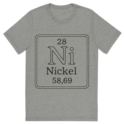 Front view of a Premium Tri-Blend Crew Neck T-Shirt in Athletic Grey showing 'A line art, nostalgic graphic of nickel's entry on the periodic table, use a dark color for the lines and text'