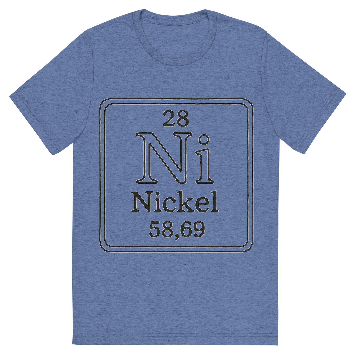 Front view of a Premium Tri-Blend Crew Neck T-Shirt in Blue showing 'A line art, nostalgic graphic of nickel's entry on the periodic table, use a dark color for the lines and text'