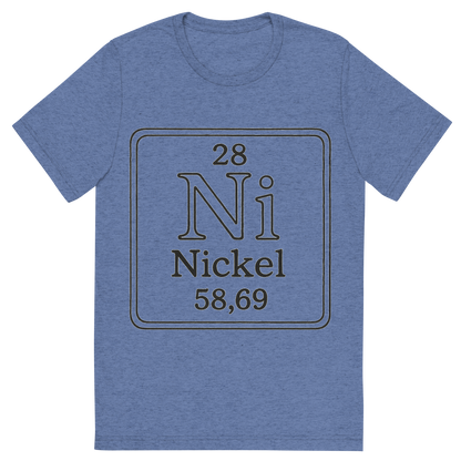 Front view of a Premium Tri-Blend Crew Neck T-Shirt in Blue showing 'A line art, nostalgic graphic of nickel's entry on the periodic table, use a dark color for the lines and text'