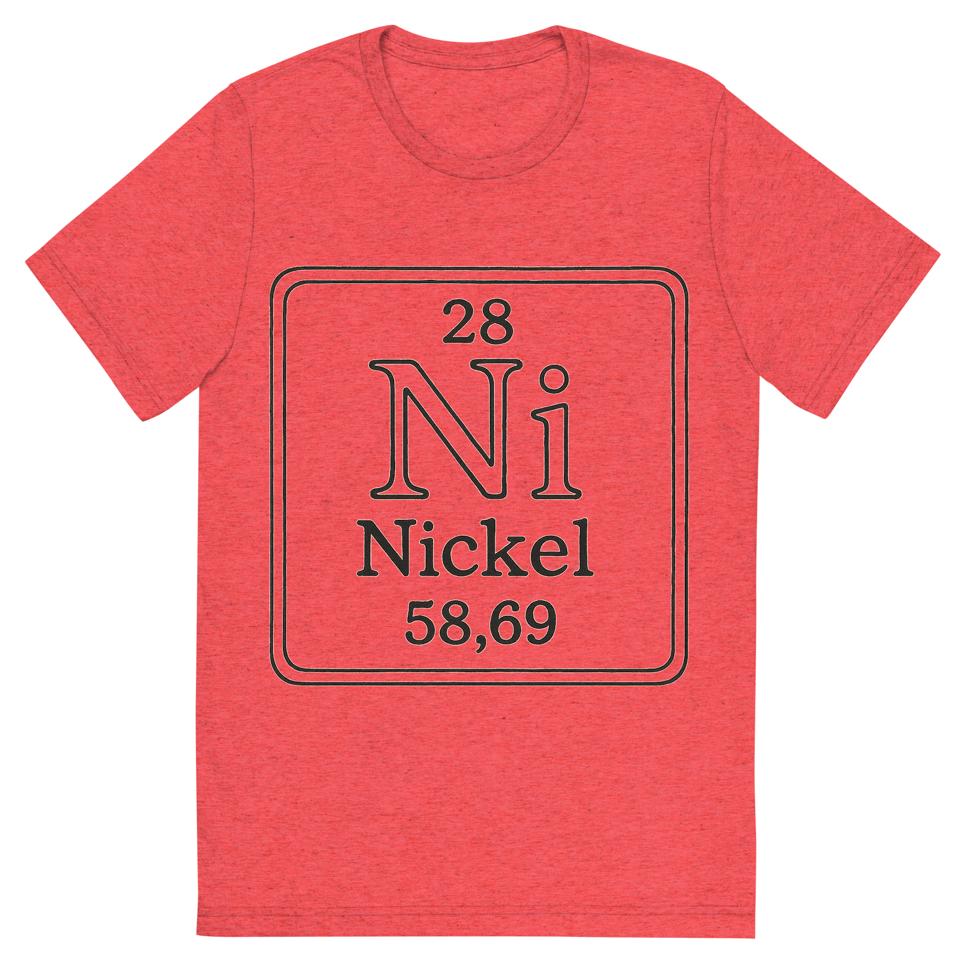 Front view of a Premium Tri-Blend Crew Neck T-Shirt in Red showing 'A line art, nostalgic graphic of nickel's entry on the periodic table, use a dark color for the lines and text'