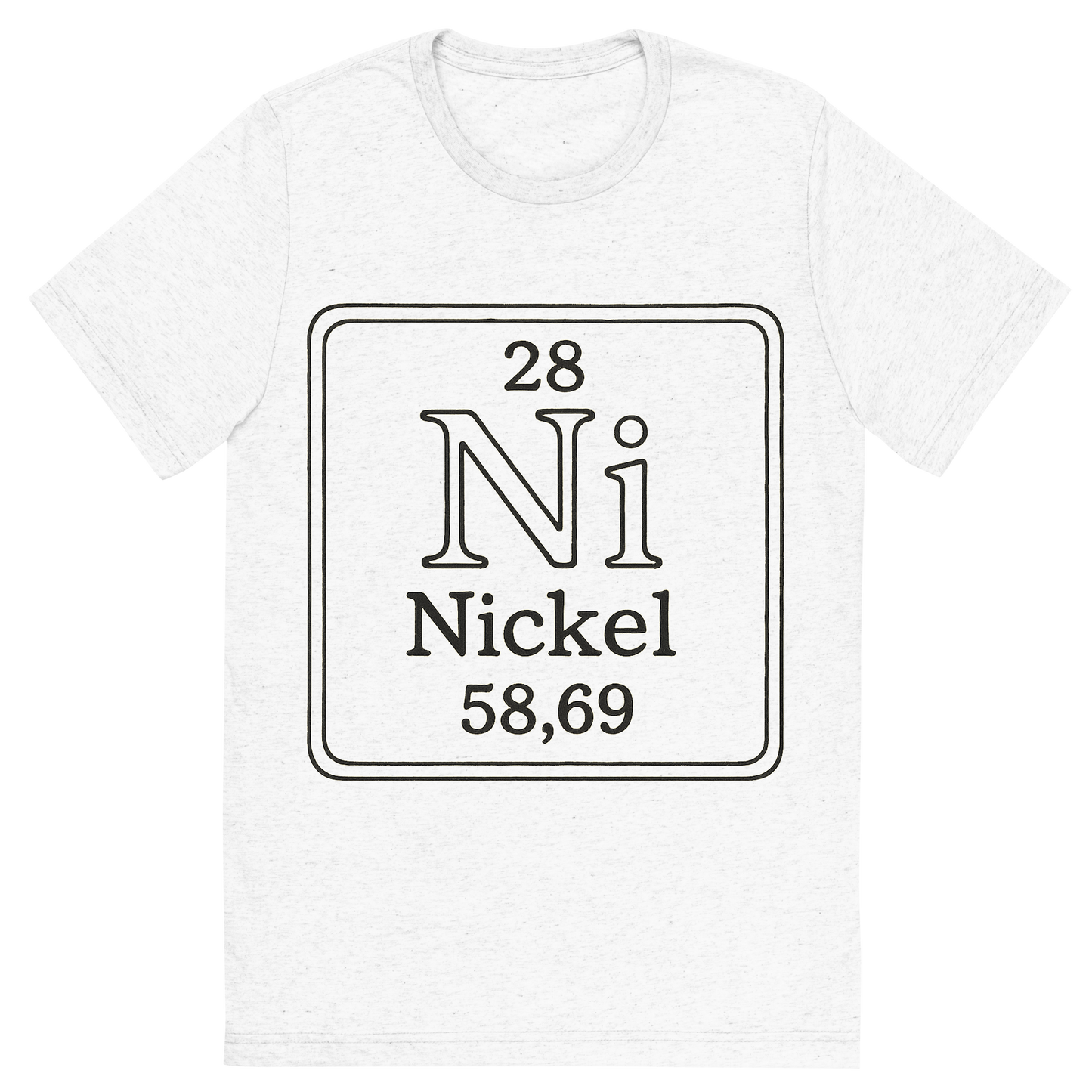 Front view of a Premium Tri-Blend Crew Neck T-Shirt in Solid White showing 'A line art, nostalgic graphic of nickel's entry on the periodic table, use a dark color for the lines and text'