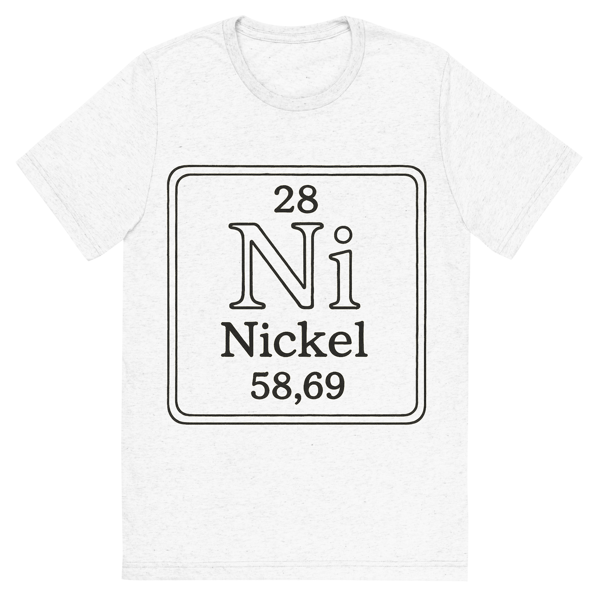 Front view of a Premium Tri-Blend Crew Neck T-Shirt in Solid White showing 'A line art, nostalgic graphic of nickel's entry on the periodic table, use a dark color for the lines and text'