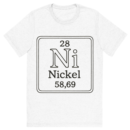 Front view of a Premium Tri-Blend Crew Neck T-Shirt in Solid White showing 'A line art, nostalgic graphic of nickel's entry on the periodic table, use a dark color for the lines and text'