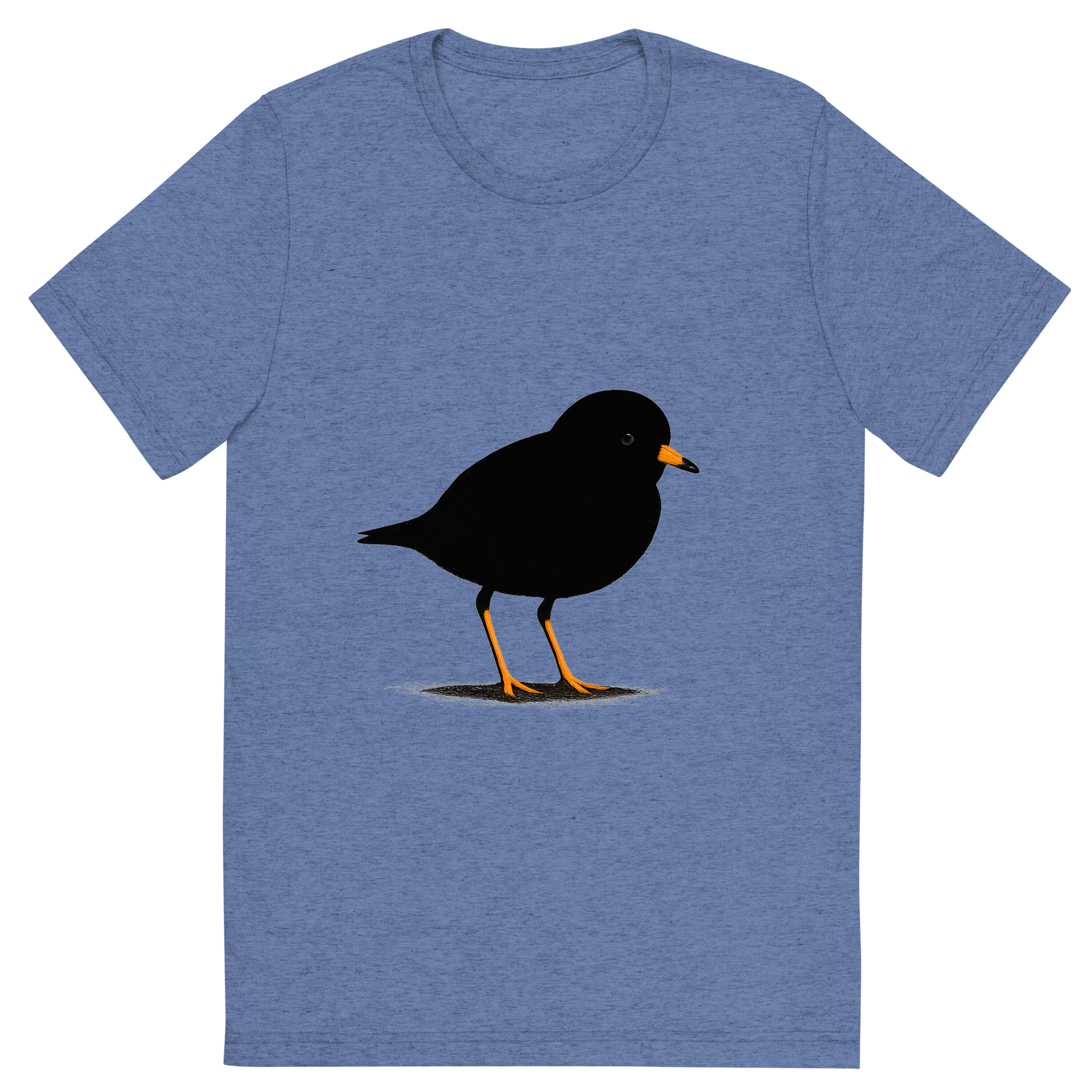 Front view of a Premium Tri-Blend Crew Neck T-Shirt in Blue showing 'A high-contrast silhouette with minimal accent color, delicate graphic of a small silhouette of a piping plover standing on the sand with orange legs and beak highlighted, transparent background, optimized for dtg printing'