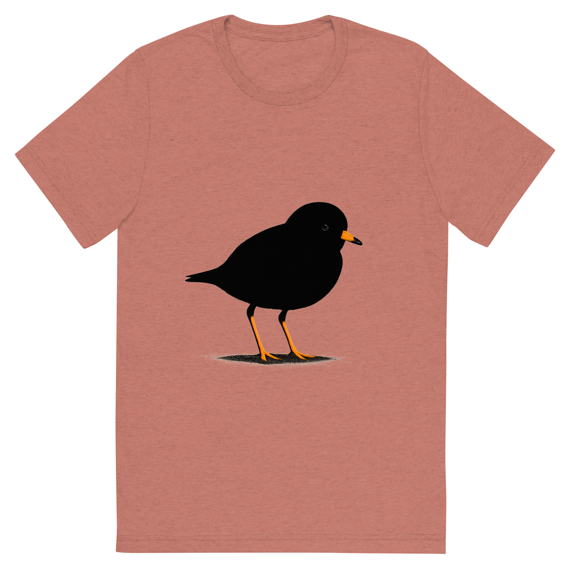 Front view of a Premium Tri-Blend Crew Neck T-Shirt in Mauve showing 'A high-contrast silhouette with minimal accent color, delicate graphic of a small silhouette of a piping plover standing on the sand with orange legs and beak highlighted, transparent background, optimized for dtg printing'