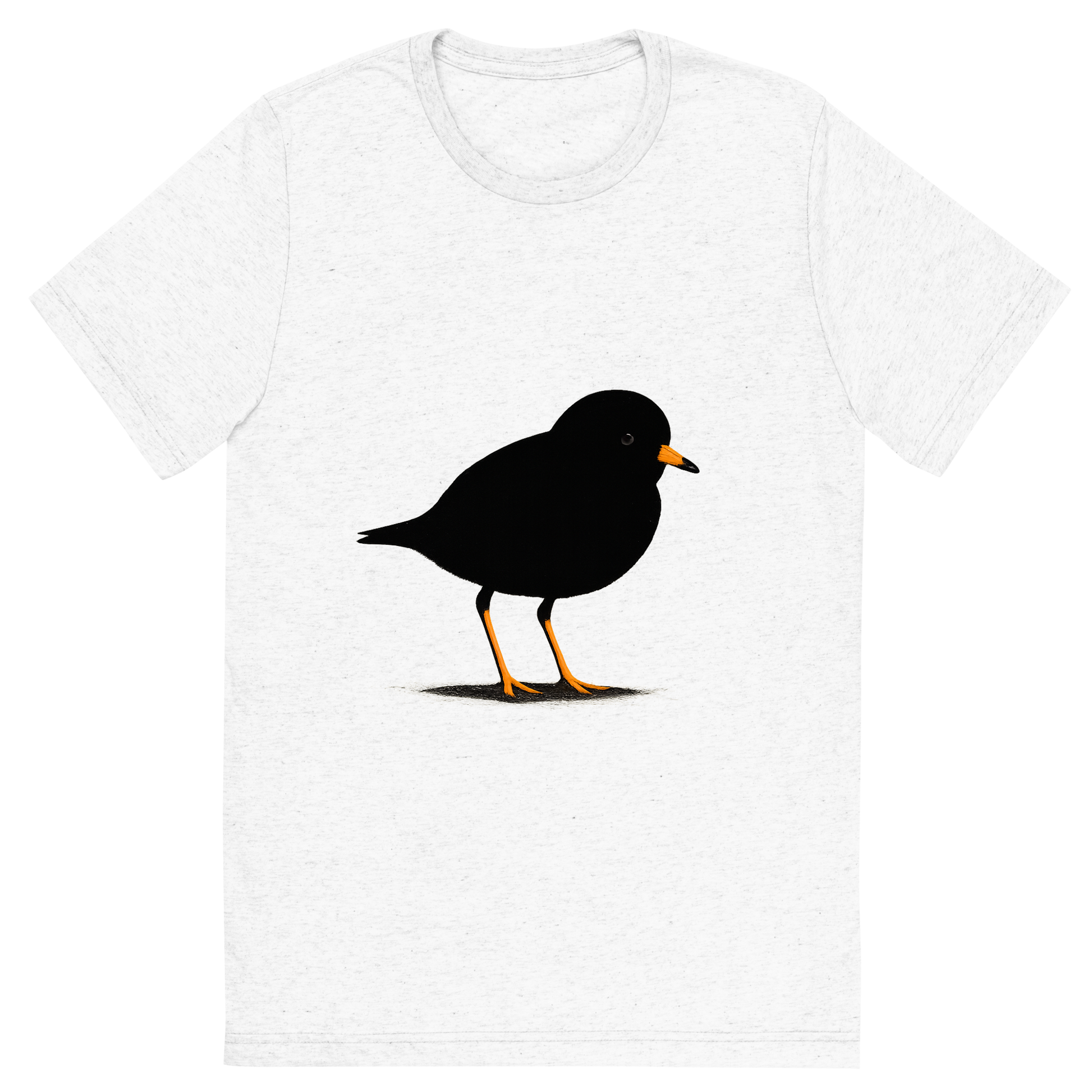Front view of a Premium Tri-Blend Crew Neck T-Shirt in Solid White showing 'A high-contrast silhouette with minimal accent color, delicate graphic of a small silhouette of a piping plover standing on the sand with orange legs and beak highlighted, transparent background, optimized for dtg printing'
