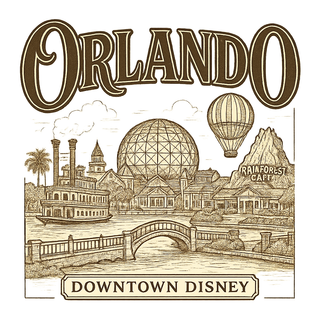 A typographic, nostalgic graphic of a typographic illustration of the words 'orlando' with a vintage line art drawing of downtown disney – a t-shirt design