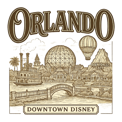 A typographic, nostalgic graphic of a typographic illustration of the words 'orlando' with a vintage line art drawing of downtown disney – a t-shirt design