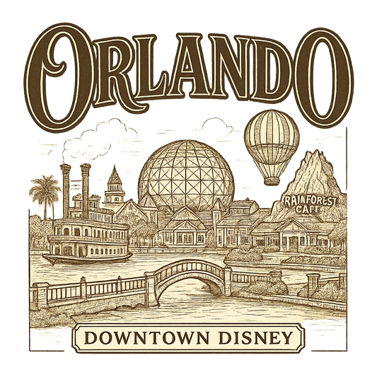 A typographic, nostalgic graphic of a typographic illustration of the words 'orlando' with a vintage line art drawing of downtown disney – a t-shirt design