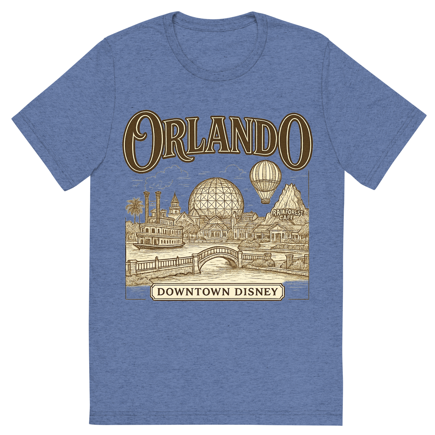 Front view of a Premium Tri-Blend Crew Neck T-Shirt in Blue showing 'A typographic, nostalgic graphic of a typographic illustration of the words 'orlando' with a vintage line art drawing of downtown disney'