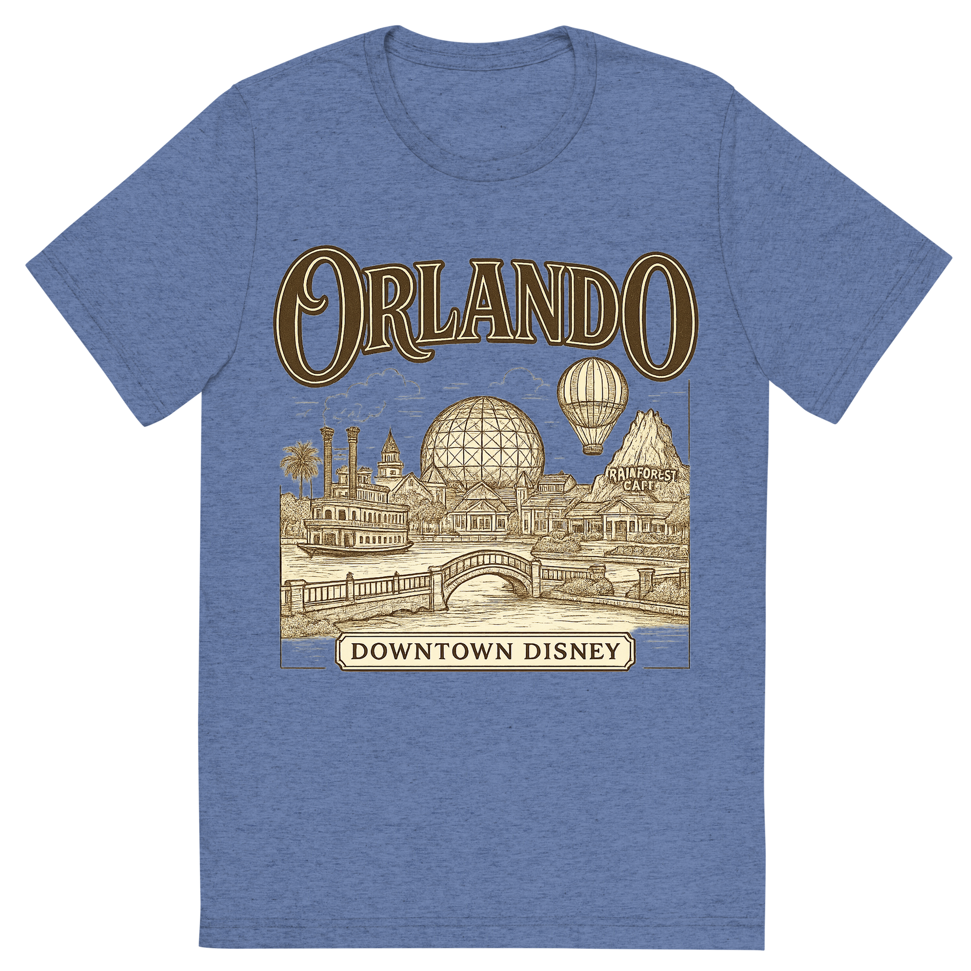 Front view of a Premium Tri-Blend Crew Neck T-Shirt in Blue showing 'A typographic, nostalgic graphic of a typographic illustration of the words 'orlando' with a vintage line art drawing of downtown disney'