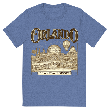 Front view of a Premium Tri-Blend Crew Neck T-Shirt in Blue showing 'A typographic, nostalgic graphic of a typographic illustration of the words 'orlando' with a vintage line art drawing of downtown disney'