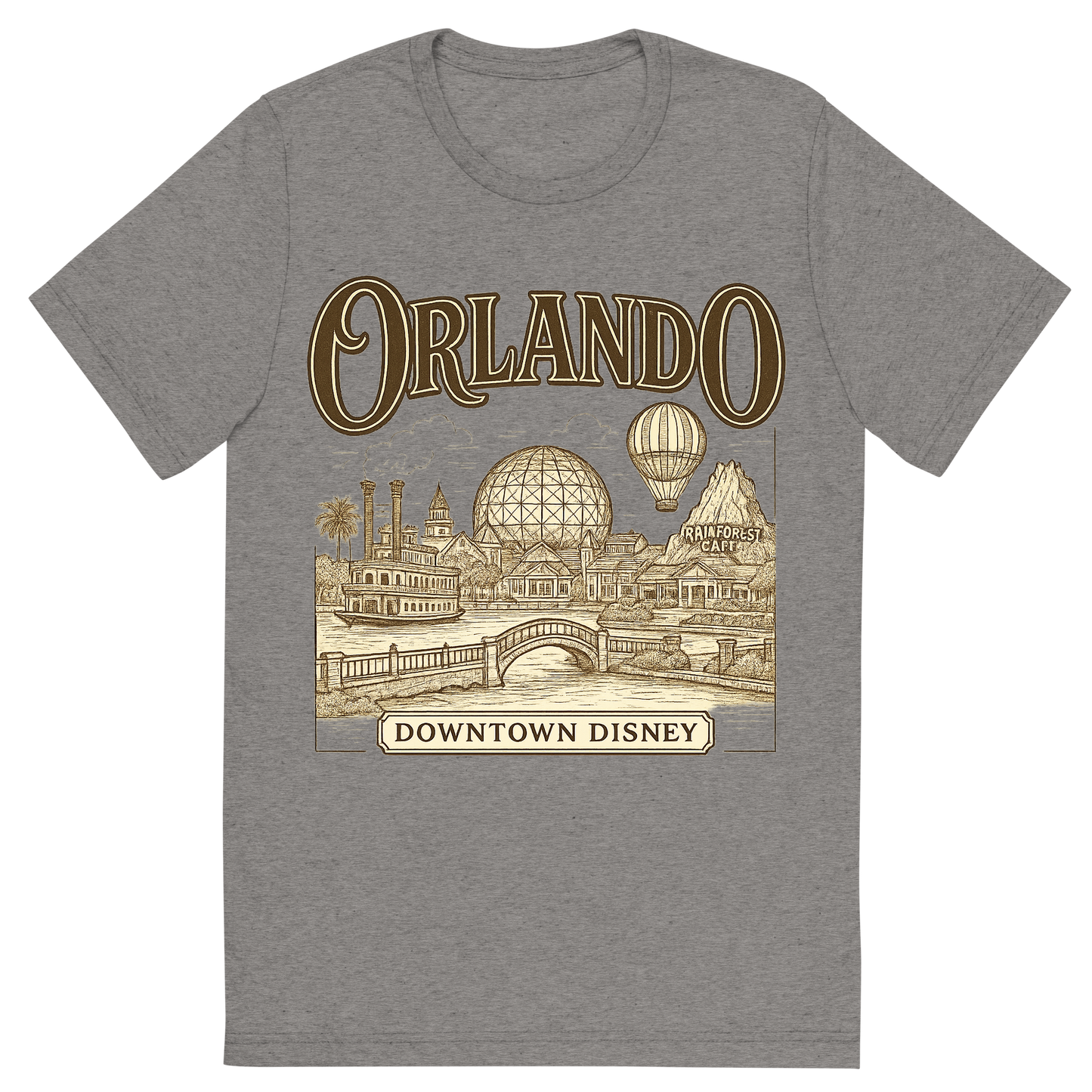 Front view of a Premium Tri-Blend Crew Neck T-Shirt in Grey showing 'A typographic, nostalgic graphic of a typographic illustration of the words 'orlando' with a vintage line art drawing of downtown disney'