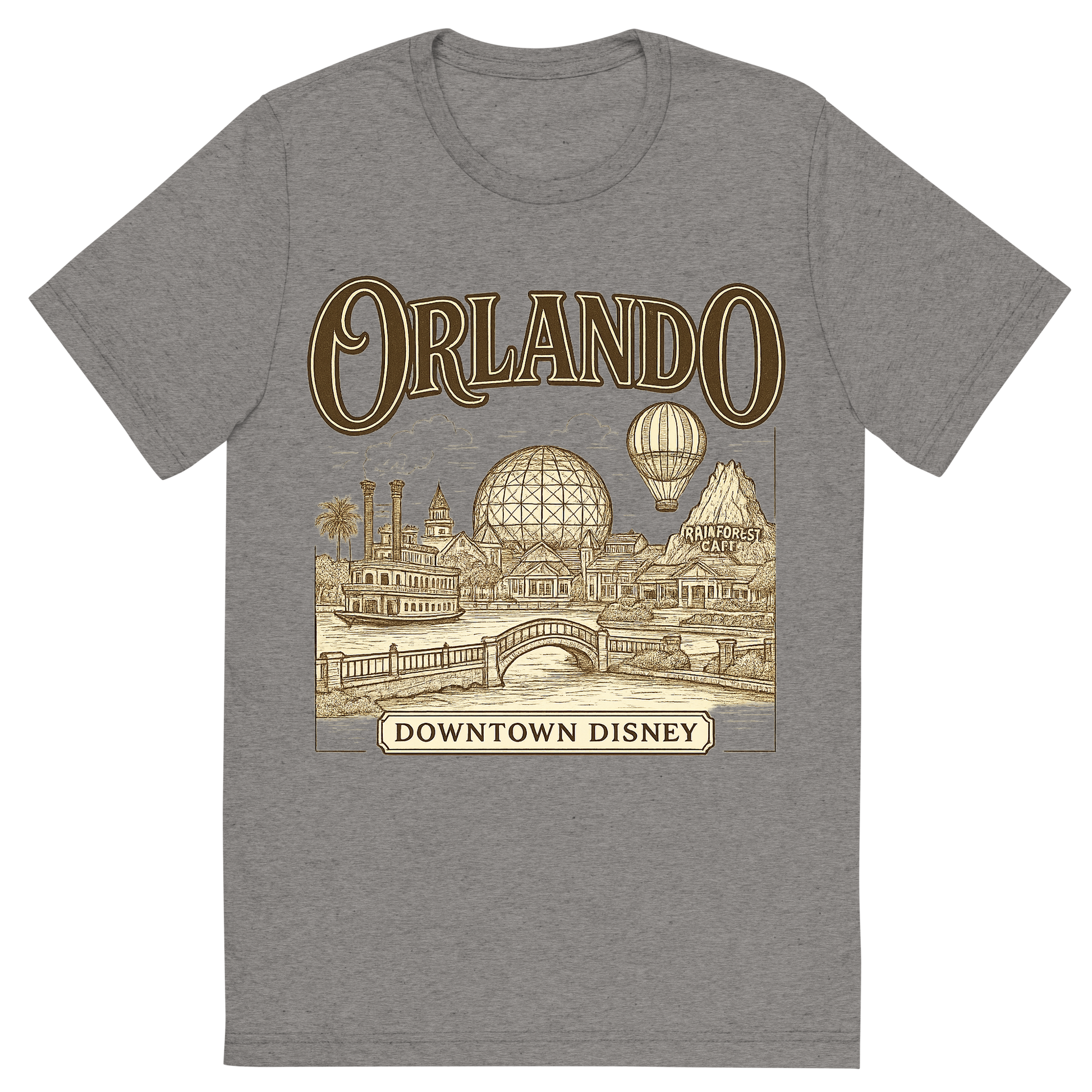 Front view of a Premium Tri-Blend Crew Neck T-Shirt in Grey showing 'A typographic, nostalgic graphic of a typographic illustration of the words 'orlando' with a vintage line art drawing of downtown disney'