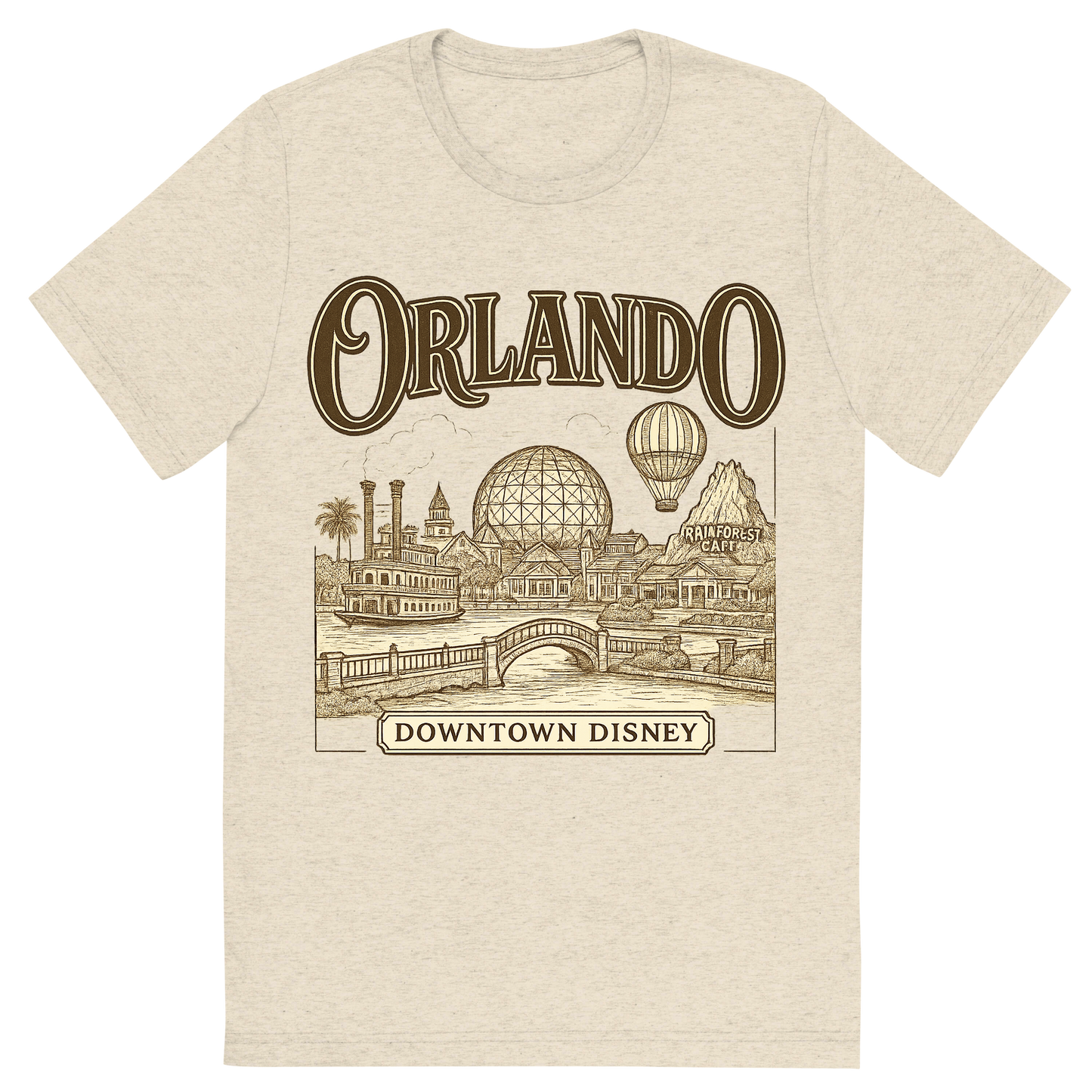 Front view of a Premium Tri-Blend Crew Neck T-Shirt in Oatmeal showing 'A typographic, nostalgic graphic of a typographic illustration of the words 'orlando' with a vintage line art drawing of downtown disney'