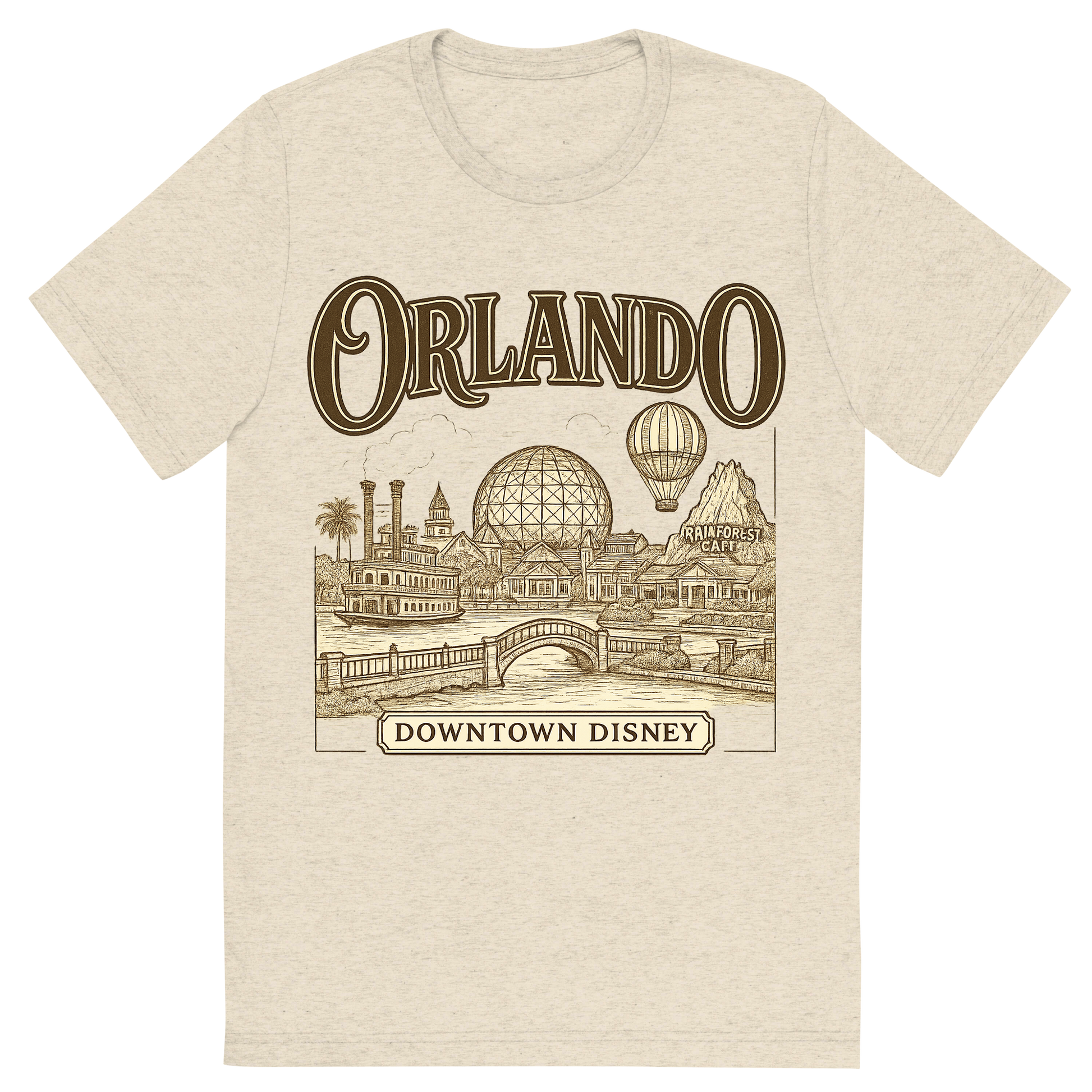 Front view of a Premium Tri-Blend Crew Neck T-Shirt in Oatmeal showing 'A typographic, nostalgic graphic of a typographic illustration of the words 'orlando' with a vintage line art drawing of downtown disney'