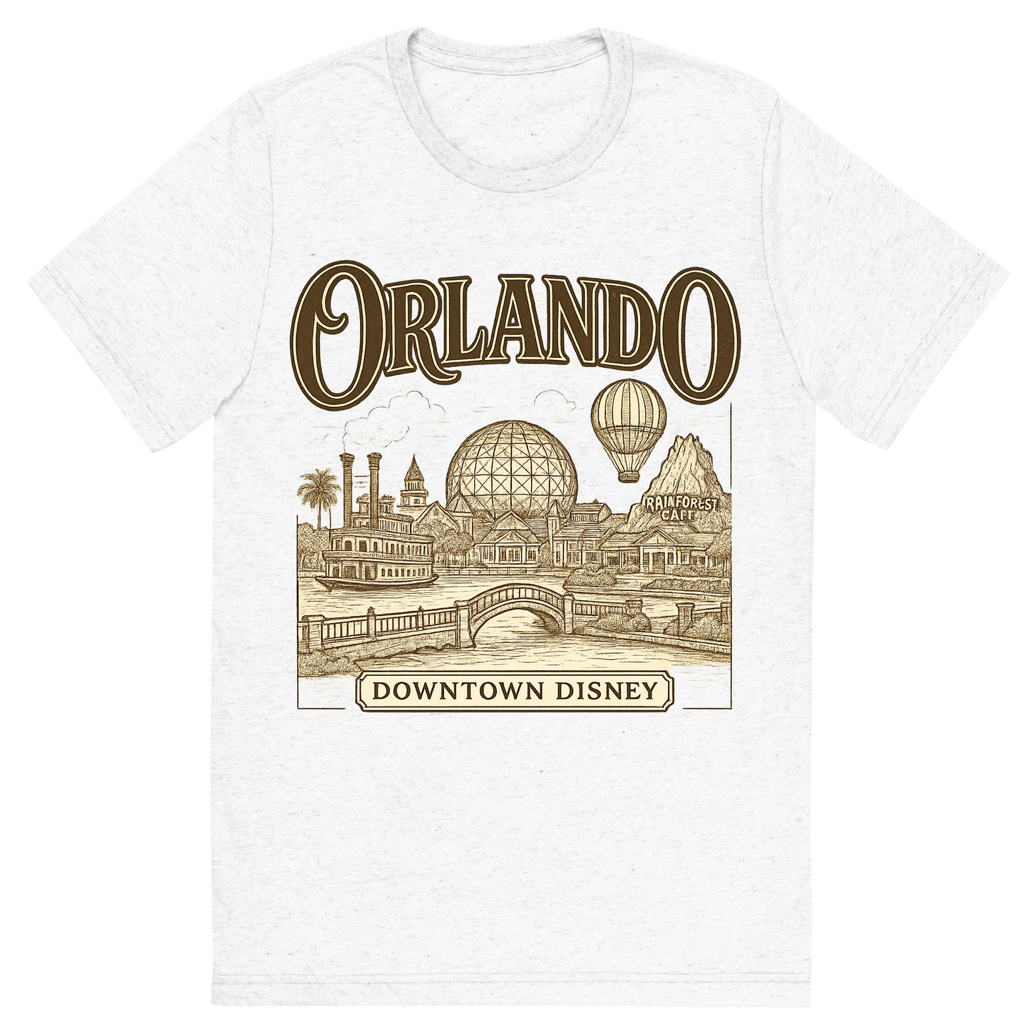 Front view of a Premium Tri-Blend Crew Neck T-Shirt in Solid White showing 'A typographic, nostalgic graphic of a typographic illustration of the words 'orlando' with a vintage line art drawing of downtown disney'