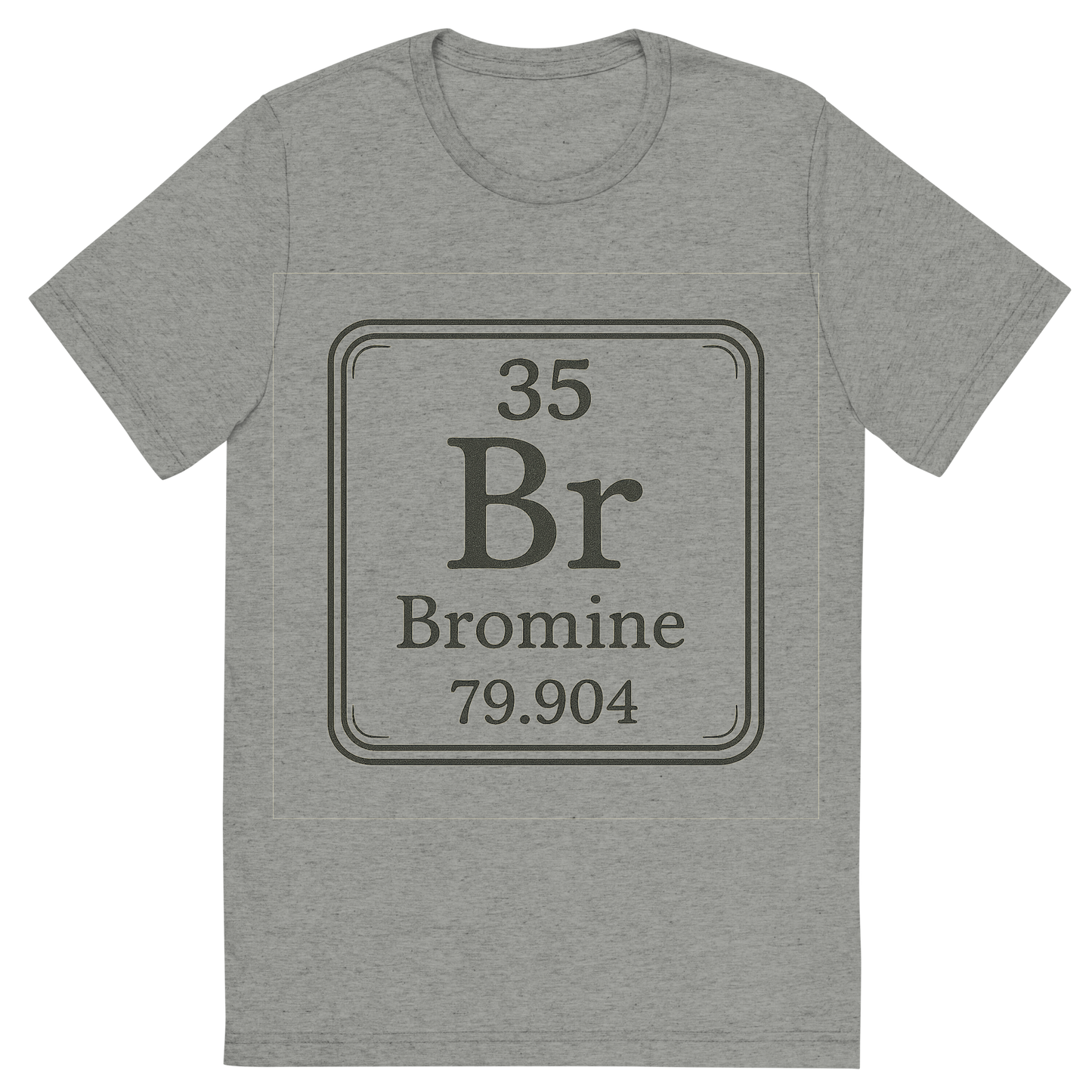 Front view of a Premium Tri-Blend Crew Neck T-Shirt in Athletic Grey showing 'A line art, nostalgic graphic of bromine's entry on the periodic table, use a dark color for the lines and text'