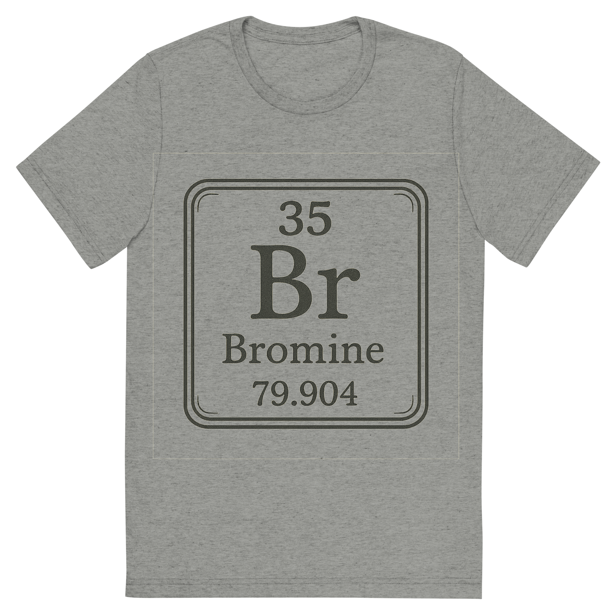 Front view of a Premium Tri-Blend Crew Neck T-Shirt in Athletic Grey showing 'A line art, nostalgic graphic of bromine's entry on the periodic table, use a dark color for the lines and text'
